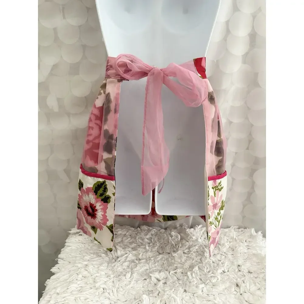 VTG HANDMADE Pink Rose Chintz Hostess Apron Chiffon Accents Reversible Country